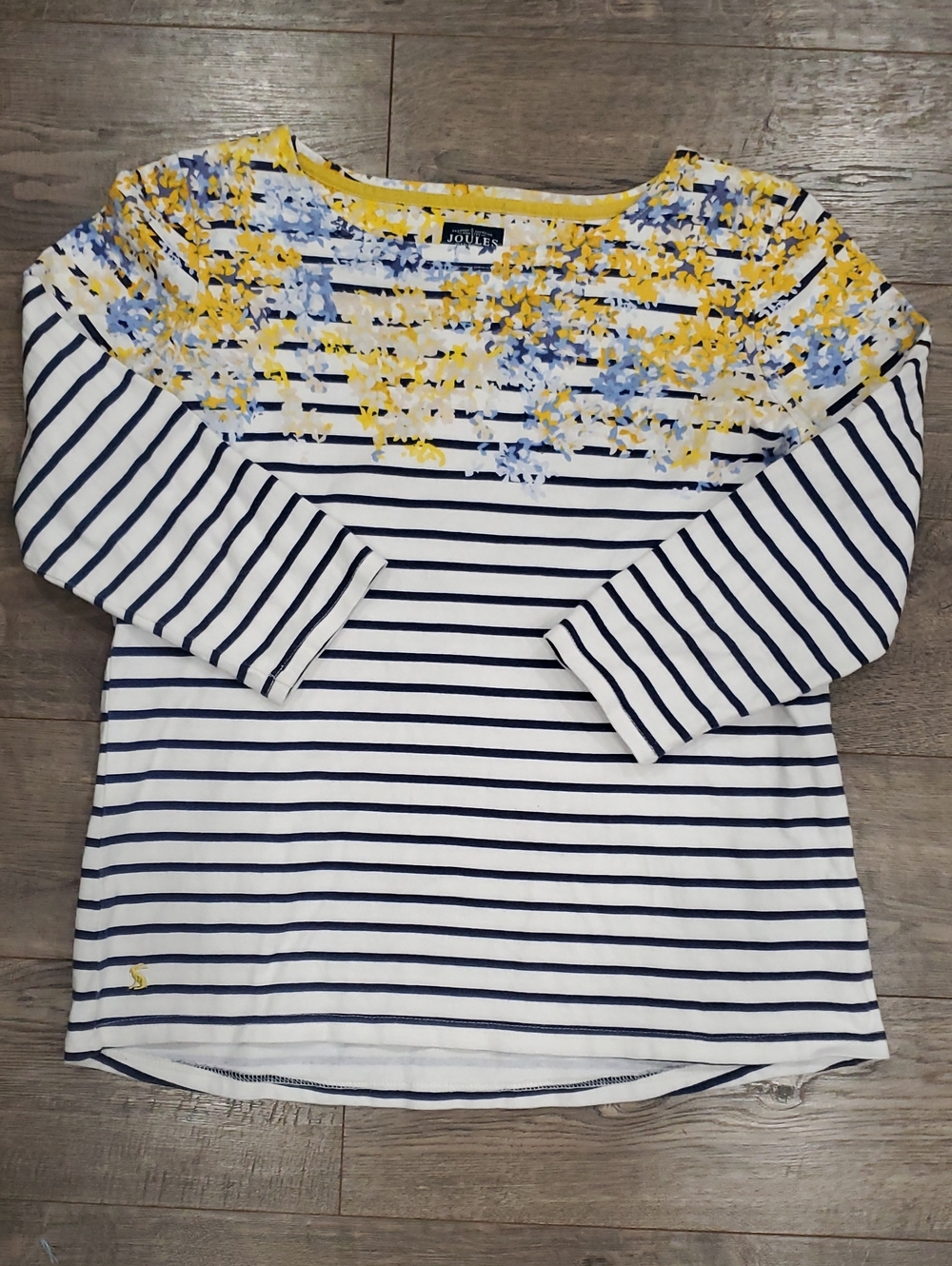 Joules Navy Stripe Floral Yoke Long Sleeve Top - White/Navy/Yellow 100%cotton